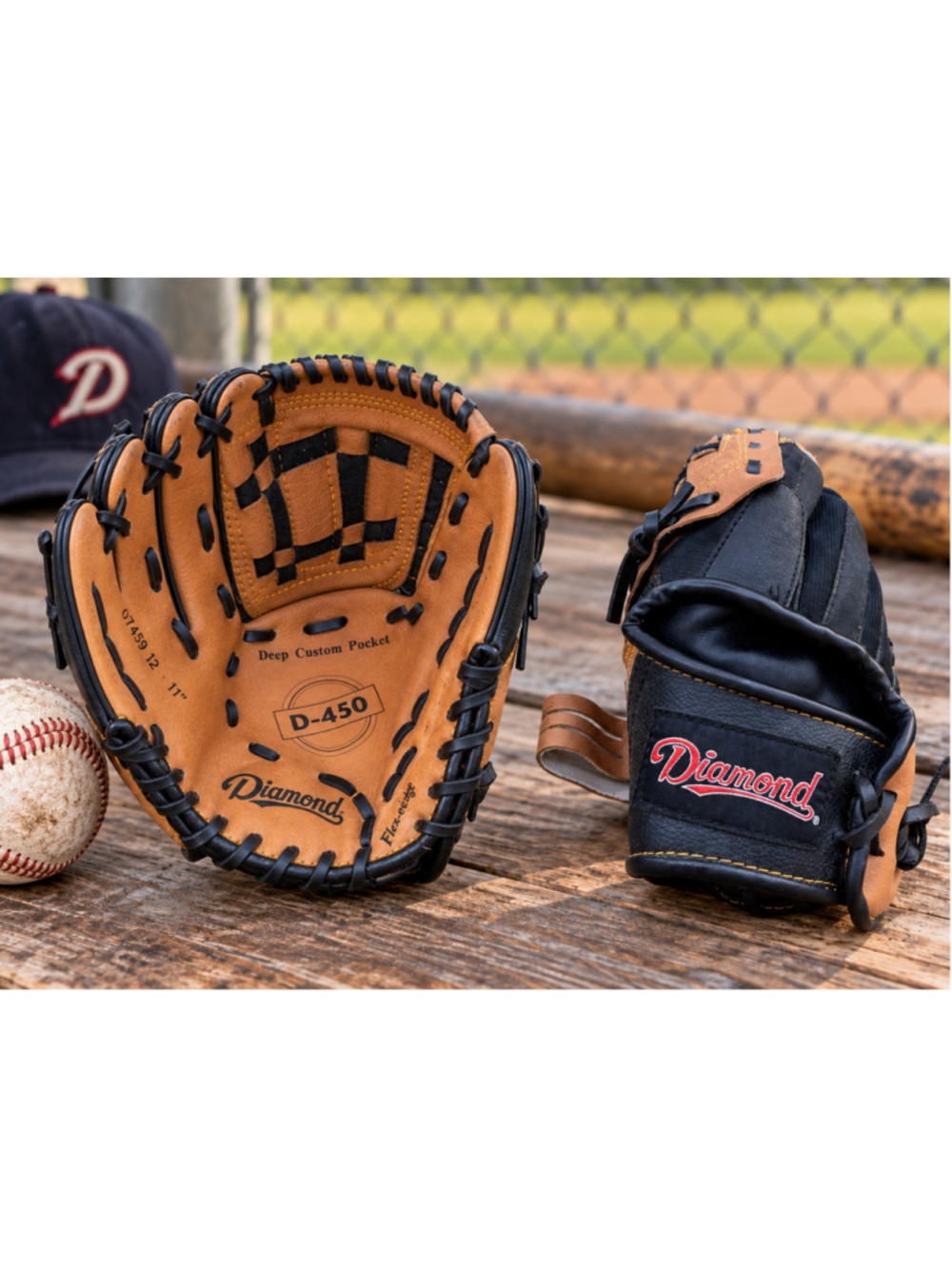 Diamond D-450 12” Baseball Glove Leather Laced Deep Pocket Black Tan